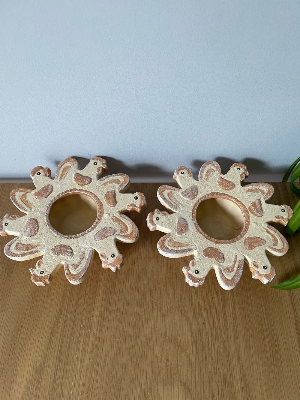 Vintags Celestial Sun Chicken Rooster Pottery Tealight Candle Holders Pair 🌞 🐓